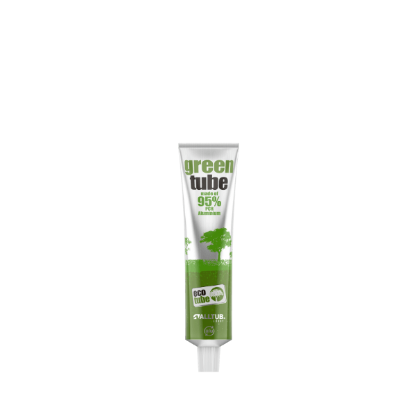 The image shows the Alltub 2.5oz Aluminum Tube. It is a cylindrical, metallic tube with a green label and a white screw cap. The green label covers the majority of the tube's surface and features a simple, clean design. The tube appears to be designed for packaging creams, gels, or similar products.
