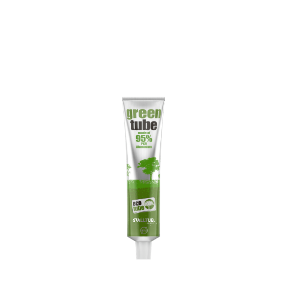 The image shows a 2.4 oz aluminum tube from Alltub. The tube is primarily green with a metallic finish, featuring a white cap at the top. The body of the tube is smooth, cylindrical, and tapers slightly towards the cap. The overall design is sleek and modern, suitable for packaging creams, gels, or other similar products.