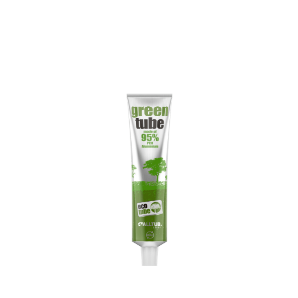 The image shows the Alltub 3.7oz Aluminum Tube - Green. The tube is predominantly green with a glossy finish, featuring a white screw cap at the top. The body of the tube is smooth and cylindrical, designed for easy squeezing to dispense the product inside. The tube is standing upright, showcasing its sleek and modern appearance.
