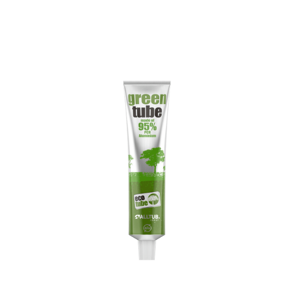 The image features an Alltub 4.6oz Aluminum Tube. The tube is primarily green in color with a white cap. The body of the tube is sleek and cylindrical, and the green color has a matte finish. The cap is a simple, smooth, screw-on type, contrasting with the green tube to provide a clean and modern look. The tube appears to be designed for holding cosmetic or personal care products.