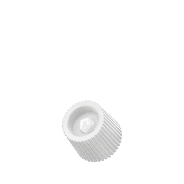 The image showcases the Alltub PP Tube Cap M8 Bouchon. It is a cylindrical, white plastic tube cap with a smooth surface and a slightly rounded top. The cap appears to have a standard screw-thread design for secure attachment to a tube. The overall design is simple and functional.