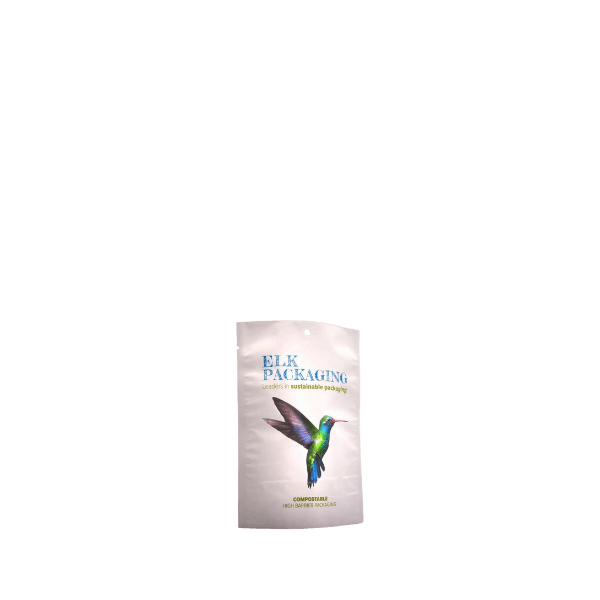 The image displays the Elk Packaging 2.0oz Paper Standup Pouch. The pouch is primarily beige with a smooth, matte finish, and it features a resealable zipper at the top. It stands upright on its own, making it suitable for shelf display.