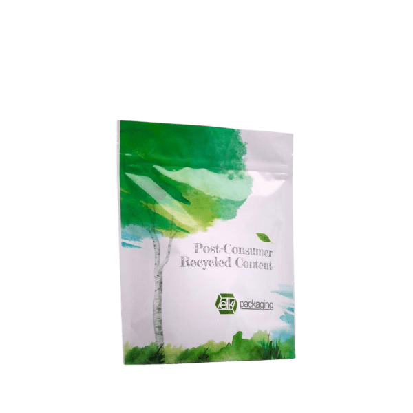 The image shows a standup pouch from Elk Packaging. The pouch has a clean white background with a slight gloss finish. It features a resealable zipper at the top and is designed to hold 12.0 ounces of content. The bottom of the pouch is gusseted to allow it to stand upright when filled. The overall design is minimalistic, without any visible branding or labels, making it versatile for various types of products.