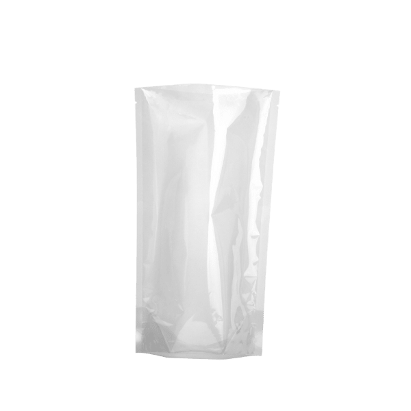 The image shows a 20.0oz PE Standup Pouch from Elk Packaging. The pouch is transparent, allowing the contents inside to be visible. It has a flat, stable base that enables it to stand upright. The top of the pouch is sealed but features a resealable zip-lock closure for easy access and secure storage. The pouch has a smooth, glossy finish and a simple, clean design with no visible branding or text.