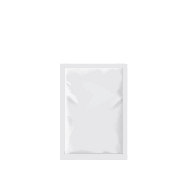 The image shows the ELK Packaging 6.0oz Paper Pillow Pouch Compostable. The pouch is white with a smooth texture and has a rectangular shape that tapers slightly at the edges, giving it a pillow-like appearance. The top of the pouch features a sealed edge, while the bottom has a flat, stable base that allows it to stand upright. There are no visible logos or text on the pouch in this image, highlighting its clean and minimalist design.