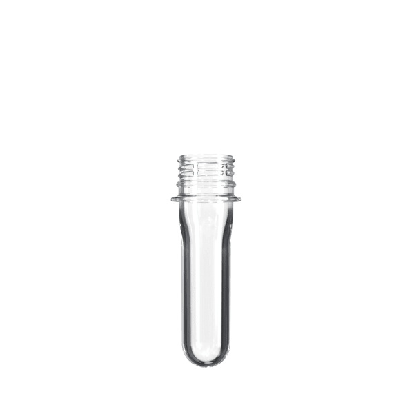 The image shows a Resilux PET Bottle Preform, weighing 25.5 grams with a 38mm neck finish. The preform is cylindrical in shape, featuring a smooth, transparent body that tapers slightly towards the bottom, and a threaded neck designed for a cap. The material is clear, allowing light to pass through, which highlights the precise and uniform construction of the preform.