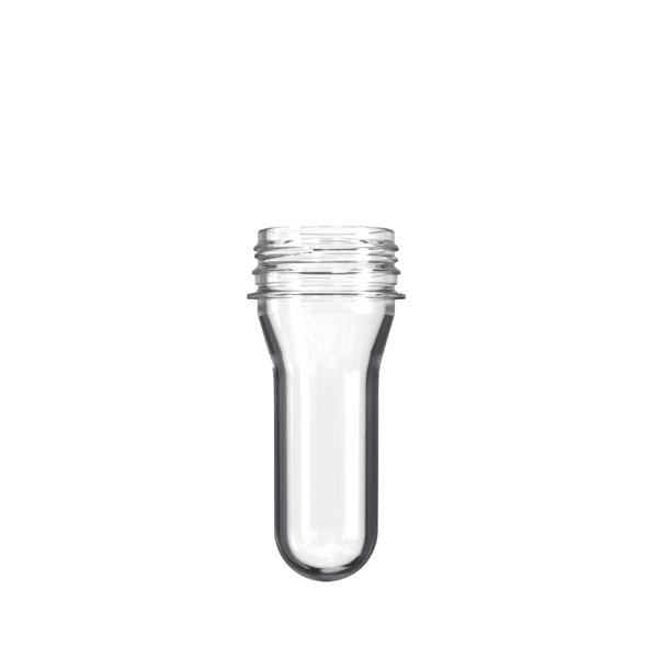 The image shows a transparent, cylindrical plastic preform known as the Resilux PET Bottle Preform. The preform is designed for use in bottle manufacturing and features a standard 38mm Bericap HF neck finish. The preform has a smooth surface and tapers slightly towards the base, with a threaded neck at the top for attaching a bottle cap. The overall appearance is clear and uniform, showcasing the typical characteristics of a PET preform before it is blown into its final bottle shape.