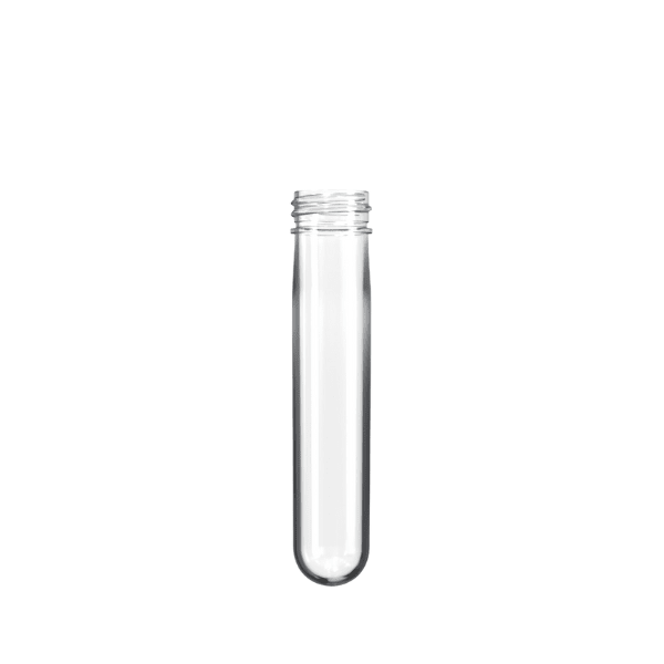 The image displays the Resilux PET Bottle Preform 32.5gr Cosmo. It is a transparent, cylindrical object with a smooth surface, tapering slightly towards the top. The preform resembles a test tube with a threaded neck, designed to be blown into a full-sized bottle.