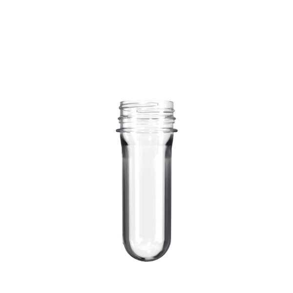 The image displays a clear, cylindrical plastic item known as the Resilux PET Bottle Preform 45gr 38mm Portola GLA. The preform is designed with a narrow neck and a wider base, featuring smooth, transparent surfaces and a threaded top for a cap.