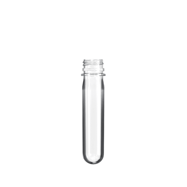 The image shows a transparent, elongated plastic item with a threaded top, designed for screw-on caps. This is the Resilux PET Bottle Preform 48gr DET 28/400 Ratchet. The preform has a smooth, cylindrical body that tapers slightly towards the bottom, which is closed. The top features threading suitable for bottle caps, and the overall appearance is clear and glossy, indicating it is made from PET plastic.