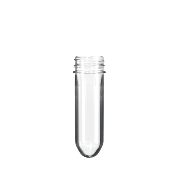 The image shows the Resilux PET Bottle Preform, 60gm, 38mm Portola GLA. The preform is a transparent plastic piece with a cylindrical shape, tapering towards a threaded neck at the top designed for capping. The material is clear, smooth, and shiny, indicating its plastic composition. The preform is designed to be blown into a full-sized bottle. It is positioned upright against a plain white background, showcasing its overall shape and structure clearly.
