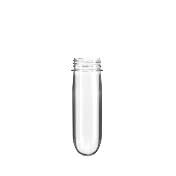 The image shows the Resilux PET Bottle Preform 70.3gm 38-400. The preform is a translucent blue cylindrical plastic object with a thick base, gradually tapering towards a narrower neck, which has threading for a cap. The preform is designed to be blown into a full-sized bottle. The material appears smooth and glossy. 