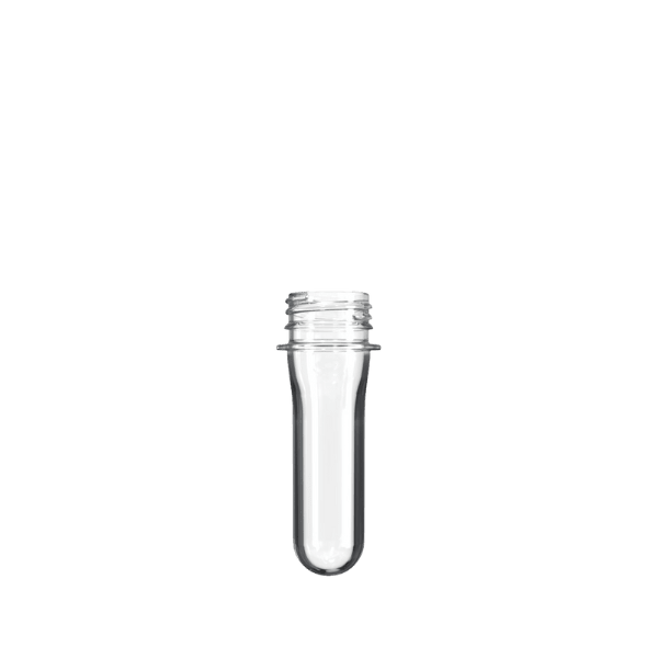 The image showcases a Resilux PET Bottle Preform 20.5gr PCO. The product is a clear, cylindrical plastic preform with a smooth surface and a detailed threaded neck for cap attachment. It is designed to be later blown into a full-sized PET bottle. The preform appears uniformly transparent and sleek, demonstrating the initial stage of bottle manufacturing.