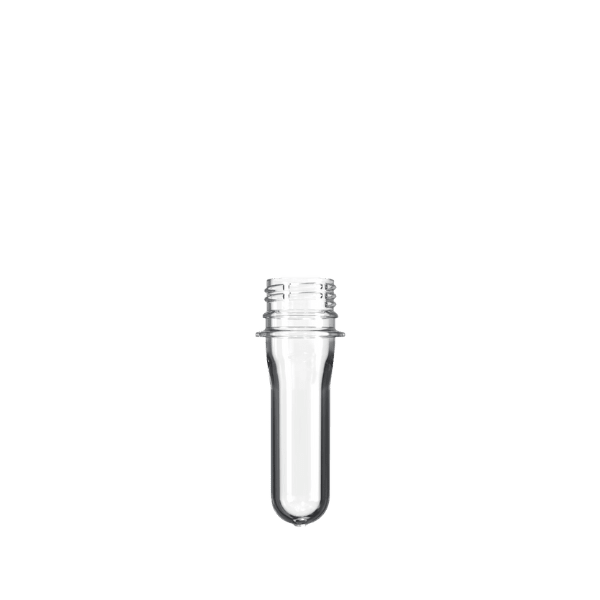 The image shows the Resilux PET Bottle Preform 23.5gr PCO. It is a transparent, cylindrical plastic component with a uniform and smooth surface. The preform has a threaded neck at one end, which is designed for sealing with a bottle cap. The body of the preform tapers slightly towards the closed end, which is rounded and smooth. The overall appearance is clear and glossy, indicating its purpose as a precursor to being blown into a full-sized PET bottle.