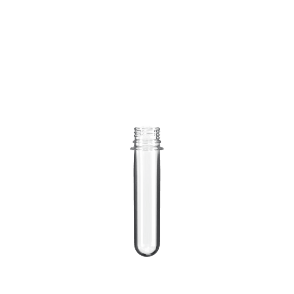 The image shows the Resilux PET Bottle Preform 39gr 28 PCO. The preform is a clear, cylindrical plastic object with a closed, rounded bottom and an open top that features threading for a screw cap. The material is transparent, allowing light to pass through it, and the overall appearance is smooth and polished.
