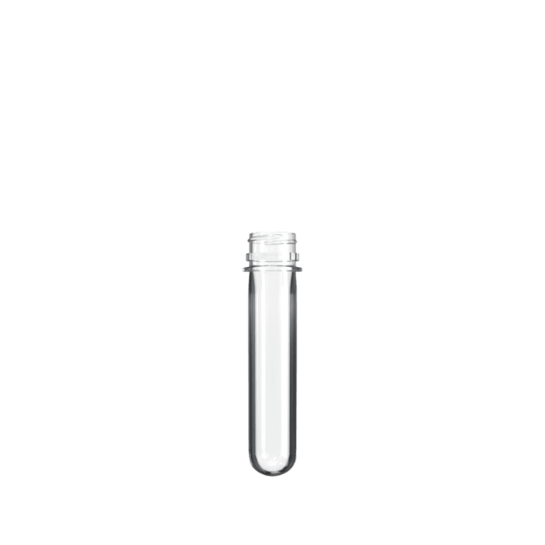 The image shows the Resilux PET Bottle Preform 43 Ratchet 28-400. It is a clear, cylindrical plastic component with a smooth body and a threaded neck designed for further processing into a complete bottle. The preform has a consistent, transparent appearance and a uniform shape, suitable for being blown into various bottle sizes. The threaded neck is designed to accommodate a screw cap, ensuring a secure closure for the finished product.