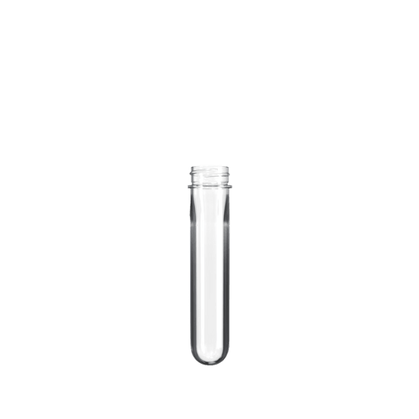 The image shows a transparent plastic preform with a short cylindrical body and a narrower neck, which has threading at the top. The preform is designed to be molded into a PET bottle. This specific product is the "Resilux PET Bottle Preform 43.5gr 28/400 SPH."