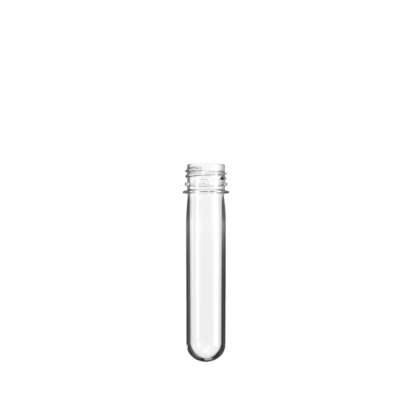 The image shows a Resilux PET Bottle Preform, weighing 42 grams with a 38 mm neck. The preform is transparent with a smooth, cylindrical shape that tapers slightly towards the bottom. The neck area is threaded to allow for a cap to be screwed on. The preform is designed to be blow-molded into a finished PET bottle. The overall appearance is that of a clear plastic test tube with a threaded top.