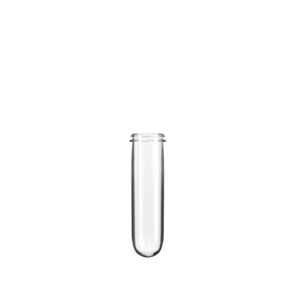 The image displays the Resilux PET Bottle Preform 74gr 28mm Kerr. It is a transparent, blue-tinted cylindrical plastic preform with a threaded neck designed for bottling purposes. The preform has smooth sides and a slightly tapered top that transitions into the threaded neck, which is intended for a 28mm cap. The background of the image is plain white, which helps to clearly showcase the shape and color of the preform.