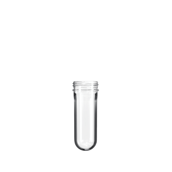 The image shows a transparent plastic bottle preform called the Resilux PET Bottle Preform 38/3gm 38 Deep Skirt. The preform has a cylindrical shape with a threaded neck, designed for easy capping. The material appears clear and smooth, with a uniform thickness throughout. The preform is positioned against a plain white background, highlighting its shape and features.