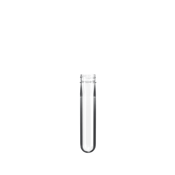 The image shows a clear, cylindrical PET bottle preform with a threaded neck, designed for manufacturing bottles. This preform, identified as the Resilux PET Bottle Preform 42.6gr Cosmo, appears transparent and glossy, demonstrating its smooth surface and precise shape. The preform's structure includes a thicker base that tapers toward the top, which features the screw threads for attaching a bottle cap.