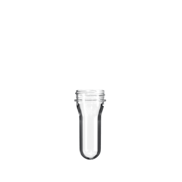 The image shows the Resilux PET Bottle Preform 30.0g 38/400. It is a transparent, cylindrical preform with a uniform shape and a threaded neck designed for further molding into a PET bottle. The preform appears to have a smooth surface and is displayed against a white background, highlighting its clarity and structure.