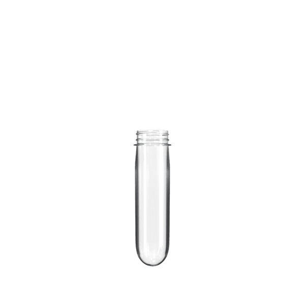 The image displays the Resilux PET Bottle Preform 75gr 42mm Oil. The preform is cylindrical, transparent, and made from PET plastic. It appears to have a uniform, smooth surface with a threaded neck at the top, which is designed for attaching a cap. The color is clear, indicating that the material is uncolored or lightly tinted. The preform is intended for blow molding into a larger bottle shape. The background of the image is plain white, which helps to highlight the details of the preform.