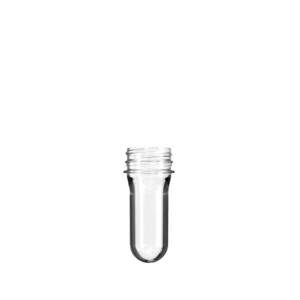 The image shows a clear, blue-tinted plastic PET bottle preform by Resilux. The preform has a cylindrical shape with a threaded neck finish designed for a 38-400 closure. The product is labeled as "Resilux PET Bottle Preform 21gm 38-400".