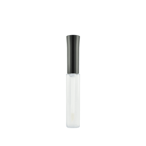 The image shows the SIMEX 0.3oz ABS Lip Gloss Tube LG016. The tube has a sleek and transparent cylindrical body, allowing the lip gloss color to be visible. It features a shiny, metallic cap at the top, which likely twists off to reveal an applicator wand. The overall design is simple and elegant, making it easy to see and use the product inside.