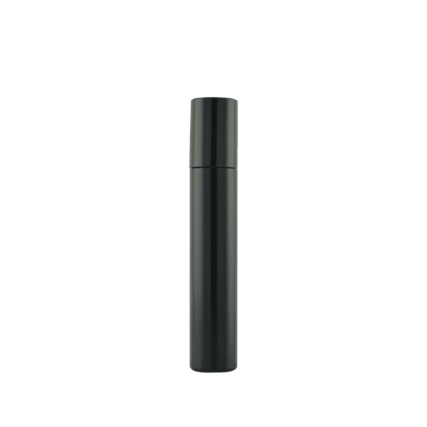 The image shows the Simex ABS Lipstick LB018. The product is a sleek, cylindrical lipstick tube with a smooth, glossy black finish. The cap fits snugly over the base, which houses the lipstick. The design is modern and minimalist, with no visible branding or labels on the exterior. The lipstick tube appears to be of a standard size, suitable for carrying in a purse or makeup bag.