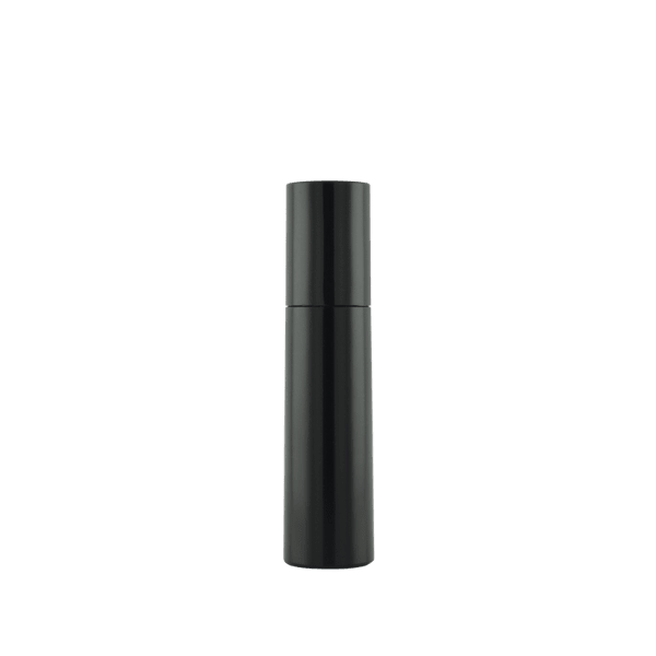 The image shows the Simex 0.3oz ABS Mascara Tube MA013. The mascara tube is sleek and cylindrical with a glossy black finish. The cap is also black and slightly tapered at the top, featuring a smooth texture. The tube is designed to hold mascara, with a practical and modern aesthetic.