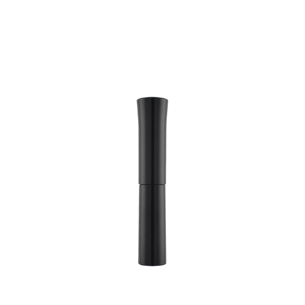 The image shows a SIMEX 0.3oz ABS Mascara Tube (MA033). The tube is sleek and cylindrical with a glossy black finish. It features a smooth, uniform surface with a slightly tapered design towards the top. The cap is also black and seamlessly blends with the body, giving the entire product a polished and elegant appearance. There are no visible markings or labels on the tube in the image. The tube is designed to hold mascara and includes a built-in applicator wand.