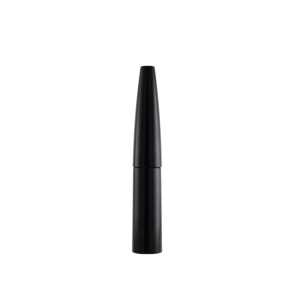 The image displays the SIMEX 0.3oz ABS Mascara Tube MA014. This product is a sleek and modern mascara tube made from ABS plastic. The tube is cylindrical with a smooth, glossy black finish. The cap is slightly tapered and matches the body in color and texture, creating a uniform and stylish appearance. The overall design is minimalistic and elegant, suitable for cosmetic packaging.