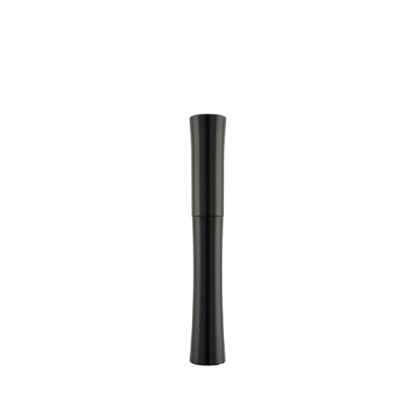 The image shows the SIMEX 0.4oz ABS Mascara Tube MA020. This product is a sleek, cylindrical mascara tube with a glossy black finish. It has a smooth surface and a screw-on cap, which is also black. The tube is designed to be compact and portable, ideal for holding mascara. The overall design is modern and minimalist, suitable for a variety of cosmetic applications.