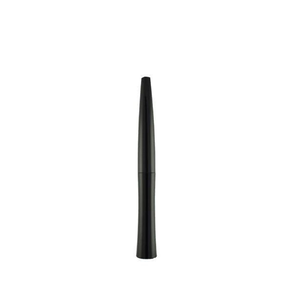 The image displays the Simex 0.4oz ABS Mascara Tube MA022. It features a sleek, cylindrical design with a smooth black finish. The tube includes a screw-on cap with a glossy texture, which is also black, providing a uniform appearance. The overall look is modern and elegant, suitable for cosmetic use.