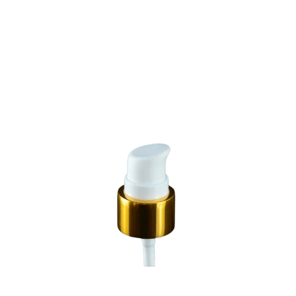 The image shows the Garrett Hewitt International PP Pump 24-410 SWC TPP241FB. It is a plastic dispensing pump with a sleek design. The pump features a smooth, cylindrical actuator and a ribbed collar for secure attachment. The pump is primarily white, with a glossy finish that gives it a clean and modern appearance. The nozzle is designed for easy dispensing of liquids, making it suitable for various personal care and household products.