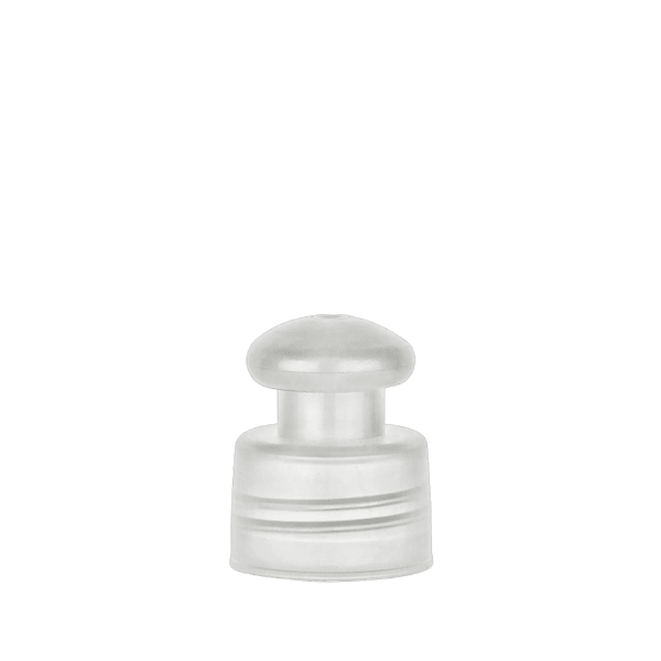 The image features the VB Packaging PE Push Pull Cap 24-410. It is a white plastic cap designed for bottles, with a smooth, cylindrical shape and a flat top. The cap has a push-pull mechanism for dispensing the bottle's contents. The dimensions and threading visible are indicative of its compatibility with a 24-410 neck finish.