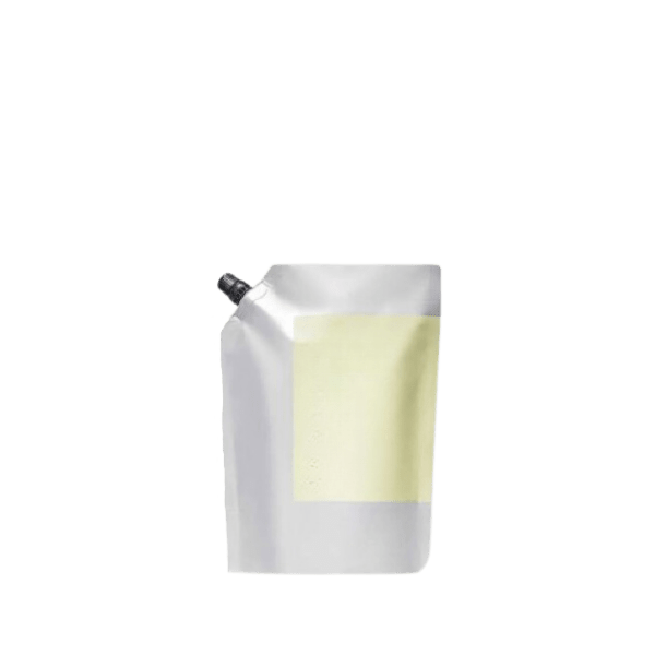 The image shows a 6.8oz PE Spouted Refill Pouch by Identipak. The pouch is primarily white with a spout on the top left corner for easy dispensing. It features a clean and minimalist design suitable for various liquid products. The pouch is standing upright, showcasing its flexible and sturdy material, with a smooth surface that can be easily labeled or printed on for branding purposes.