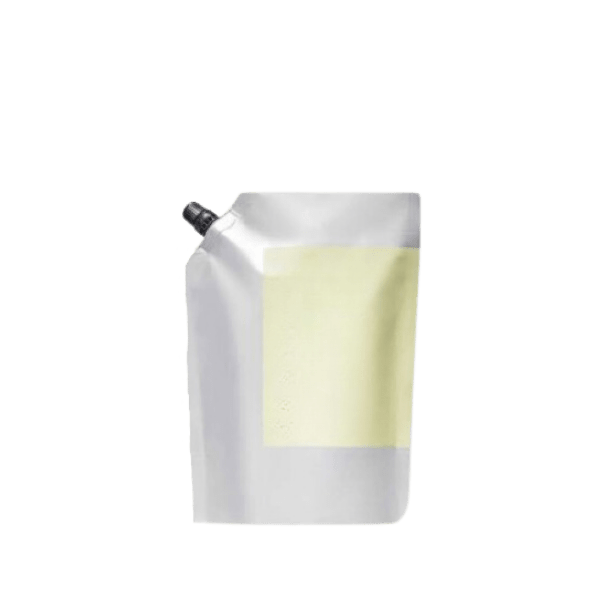 The image displays a "20.3oz PE Pouch Spouted Refill Pouch" by Identipak. The pouch is primarily white with a blue and green label design. It features a spout at the top left corner for easy dispensing. The front of the pouch includes product information and branding. The overall shape is rectangular with a flat bottom, allowing it to stand upright.