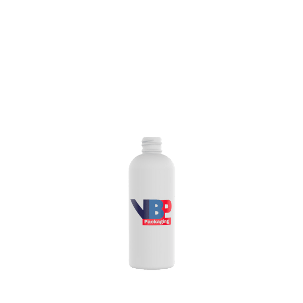 The image shows a VB Packaging 4.0oz HDPE Bottle. The bottle is cylindrical and white in color with a smooth surface. It has a standard 20/410 neck finish, suitable for various types of closures. The bottle appears empty and is photographed against a plain white background, highlighting its clean and simple design. 