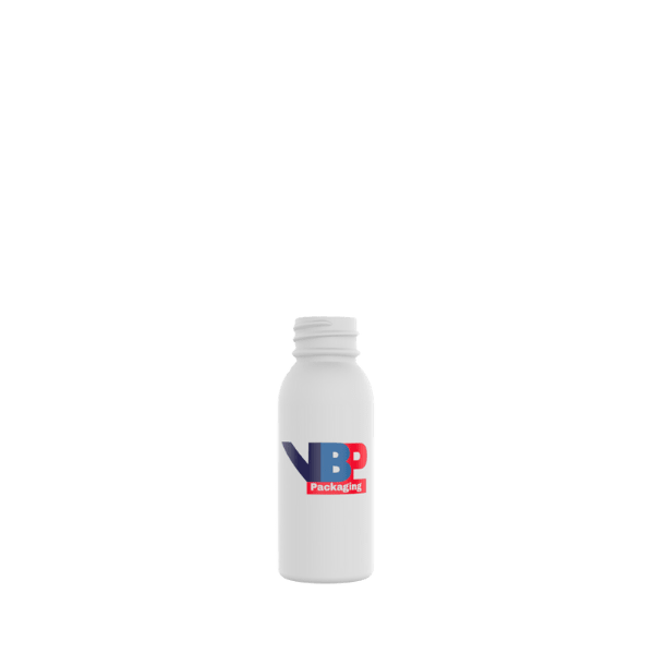 The image shows a VB Packaging 2.0oz HDPE Bottle. The bottle is small, cylindrical, and made of white plastic with a smooth finish. It has a narrow neck with a screw-top opening suitable for a cap, which is not shown in the image. The bottle is standing upright against a plain white background.