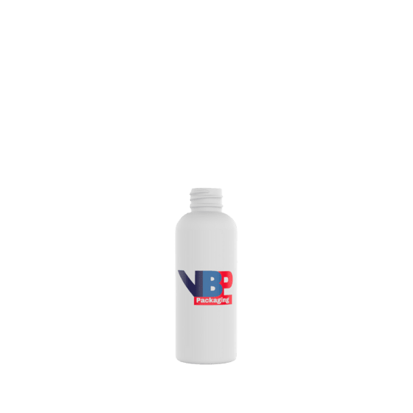 The image shows a VB Packaging 4.0oz HDPE Bottle (B4OZ24410). It is a small, cylindrical bottle with a smooth surface and a white, opaque appearance. The bottle has a standard screw cap opening, designed to be compatible with various types of closures. The overall design is simple and functional, suitable for holding liquids or lotions.