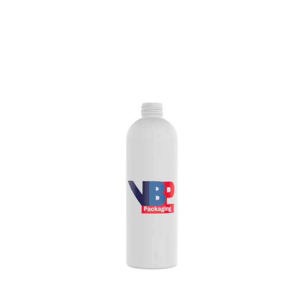 The image features the VB Packaging 16.0oz HDPE Bottle B16OZ28410. It is a cylindrical, white plastic bottle with a smooth surface. The bottle has a rounded shoulder that transitions into a narrow neck, threaded at the top for a screw-on cap. The bottle is empty and standing upright.