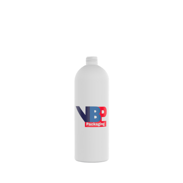 The image features the VB Packaging 32.0oz HDPE Bottle (B32OZ28410). It is a cylindrical white plastic bottle with a smooth surface and a narrow neck. The bottle is shown without a cap, highlighting its threaded neck designed for secure closure. The product appears to be sturdy and is suitable for storing various liquids.