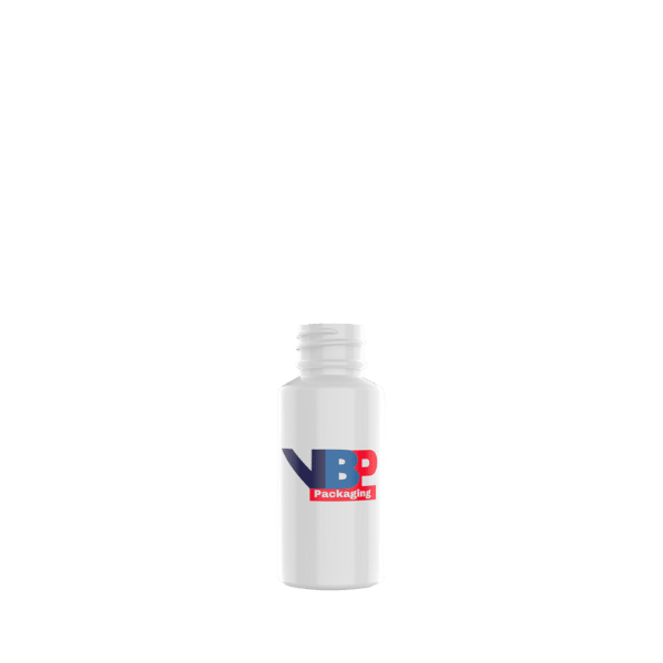 The image shows the VB Packaging 1.0oz HDPE Bottle. It is a small, cylindrical plastic bottle with a white, smooth surface. The bottle has a short neck and is equipped with a screw cap closure, which appears to be tightly sealed. The overall design is simple and functional, intended for holding small amounts of liquid. The bottle stands upright and is viewed from a slight angle, highlighting its compact size and straightforward design.