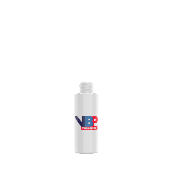 The image features a VB Packaging 2.0oz HDPE Bottle. The bottle is white and has a cylindrical shape with smooth, rounded shoulders. It is topped with a screw-on cap, which appears to be securely fastened. The bottle has a clean, minimalist design with no visible labels or branding.