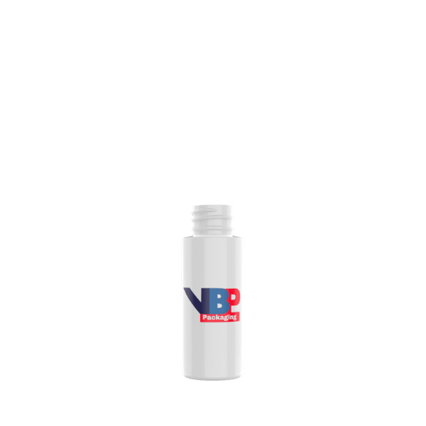 The image shows the VB Packaging 2.0oz HDPE Bottle. It is a small, cylindrical bottle with a smooth surface and a white color. The bottle has a narrow neck and is topped with a screw cap. The overall design is simple and clean, making it suitable for holding various liquids or substances.