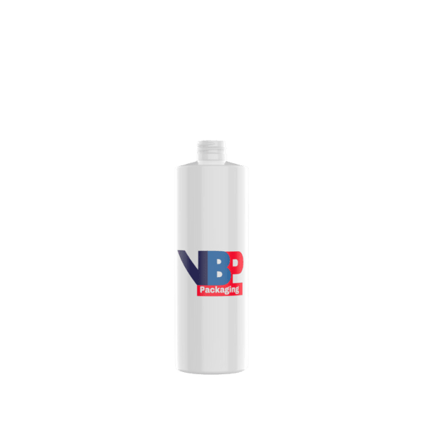 The image displays the VB Packaging 16.0oz HDPE Bottle (C16OZ24410). The bottle is cylindrical with a smooth, white surface and a rounded shoulder design. It features a standard screw cap closure at the top. The overall shape is simple and functional, suitable for various liquid products. The bottle is empty and shown against a plain background.