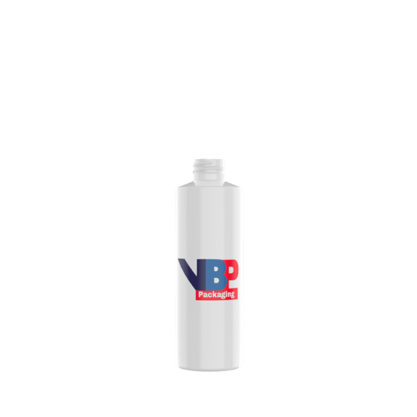 Image of the VB Packaging 12.0oz HDPE Bottle (C12OZ28410). The bottle is white and has a smooth, cylindrical shape with slightly rounded shoulders. It features a narrow neck and is capped with a white screw-on lid. The overall design is simple and functional, suitable for storing liquids or lotions.
