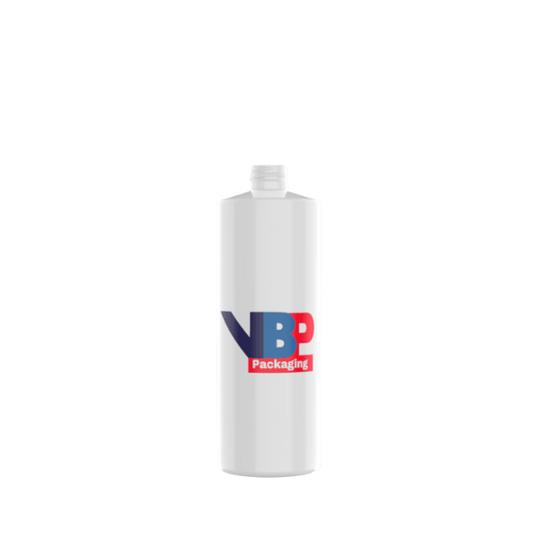 The image shows a VB Packaging 32.0oz HDPE Bottle (C32OZ28410). The bottle is cylindrical in shape with a smooth, white surface. It has a slightly tapered neck leading up to a screw cap closure. The design is simple and functional, suitable for storing liquids. The bottle stands upright, and its clean appearance suggests it is unused and ready for filling.